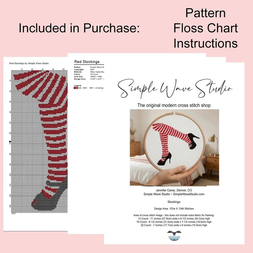 Red Striped Stockings Pin-Up Legs Shoes Modern Cross Stitch Pattern Chart